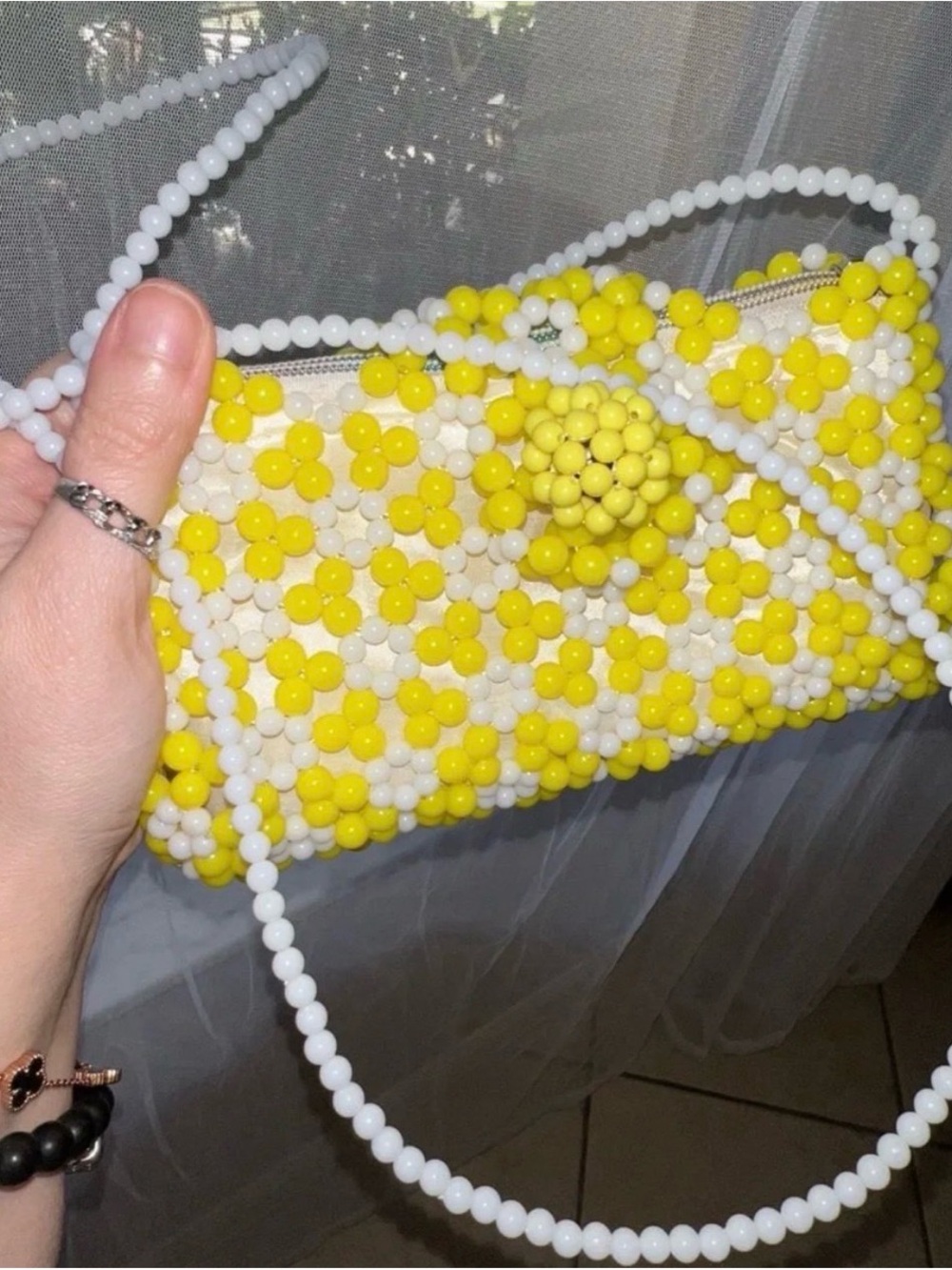 Vintage Hong Kong Yellow & White Beaded Purse
